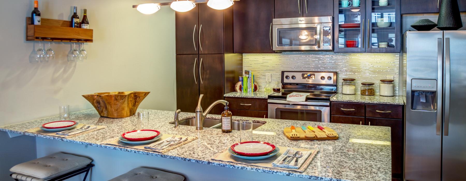 a kitchen with a large counter