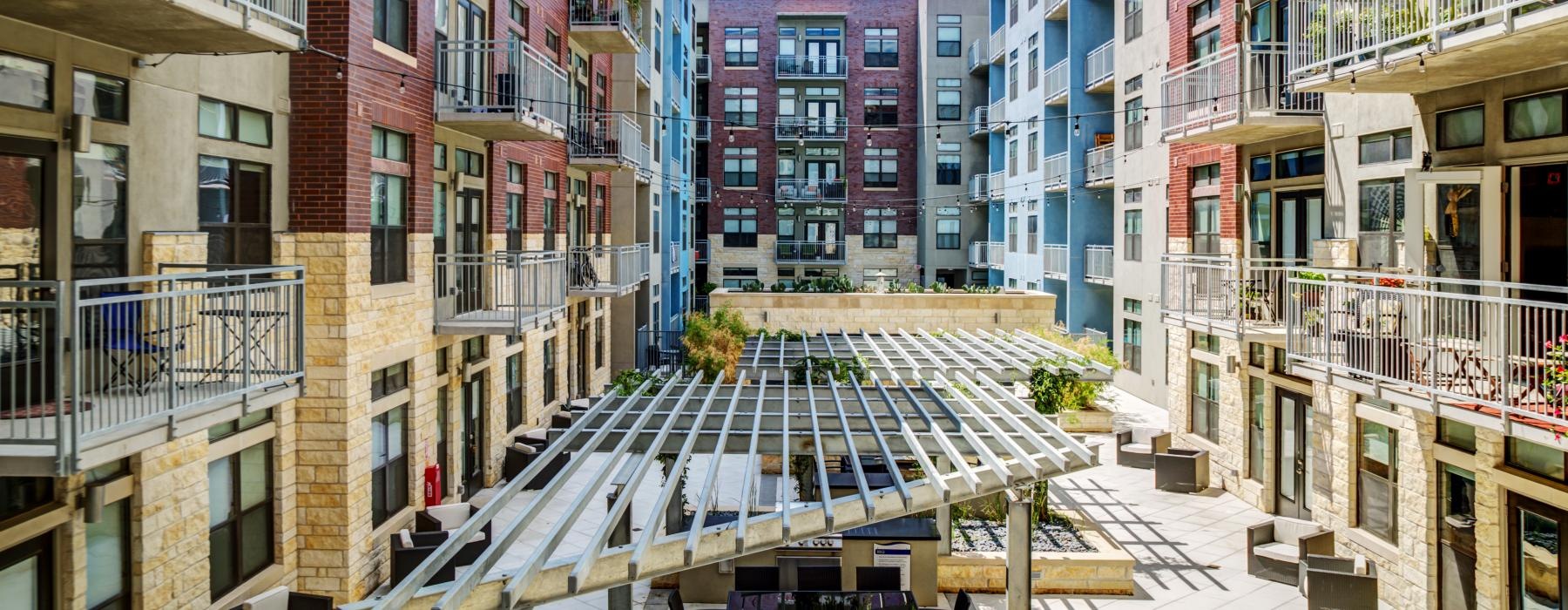 a courtyard between buildings