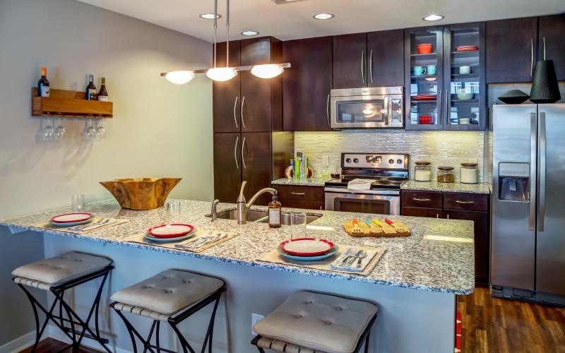 a kitchen with a large counter